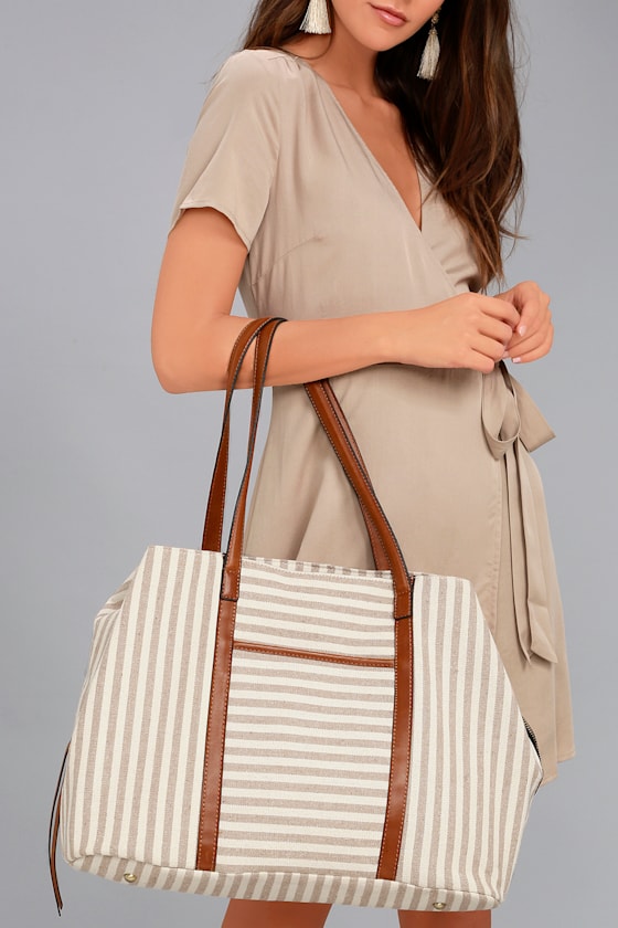 High Standards Tan Striped Tote Bag 1