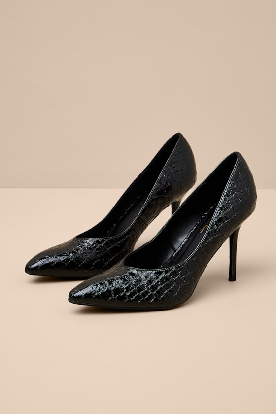 Monette Black Croc-Embossed Pointed-Toe Pumps 1