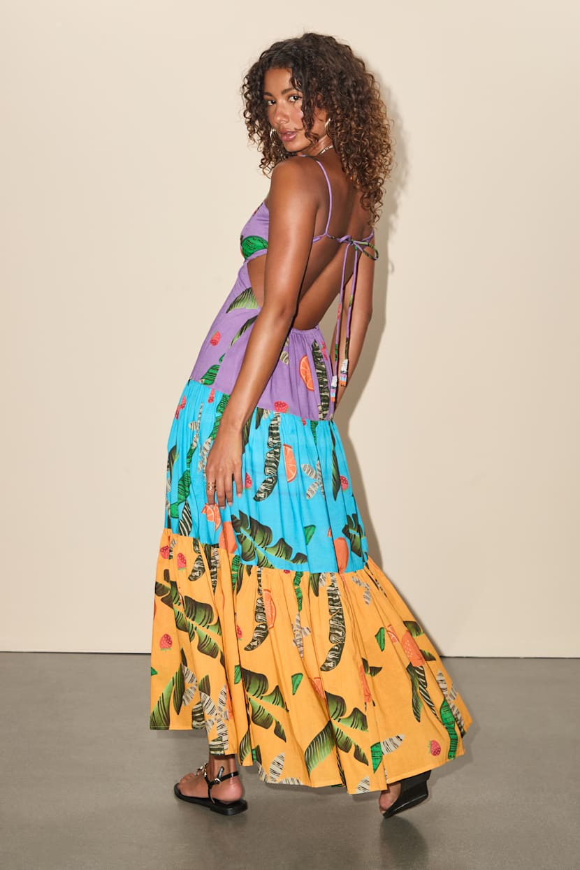 Lulus | Purple Multi Tropical Print Cutout Maxi Dress | Womens | Small (Available in XS, M, L, XL) | 100% Cotton