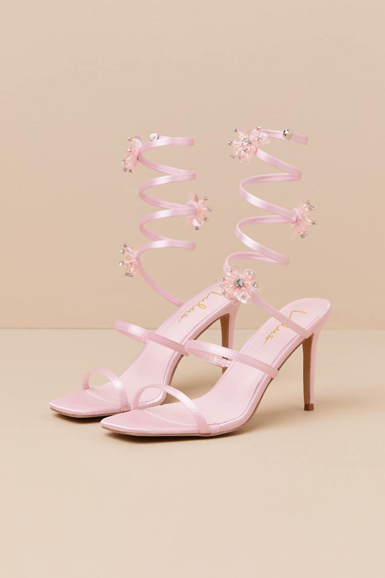 Esmarie Baby Pink Satin Ankle Wrap High Heel Sandals