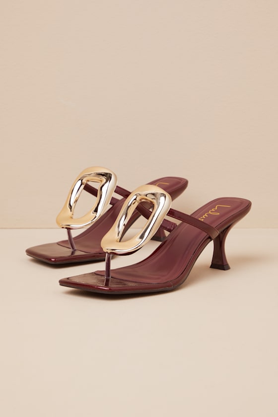 Xenia Burgundy Embellished Thong High Heel Sandals 2