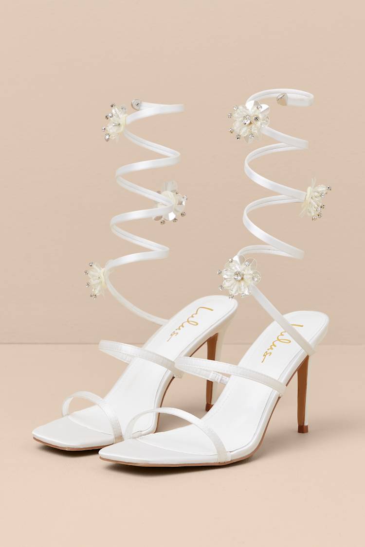 Esmarie White Satin Ankle Wrap High Heel Sandals