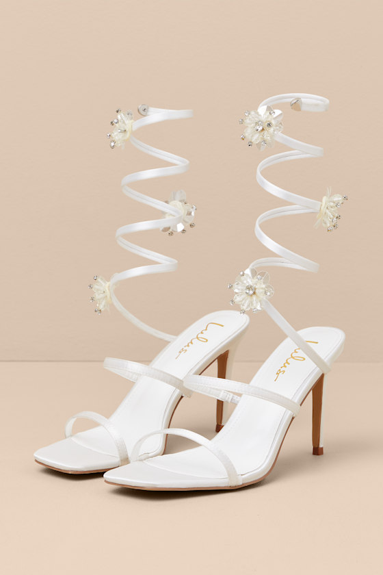 Esmarie White Satin Ankle Wrap High Heel Sandals 1