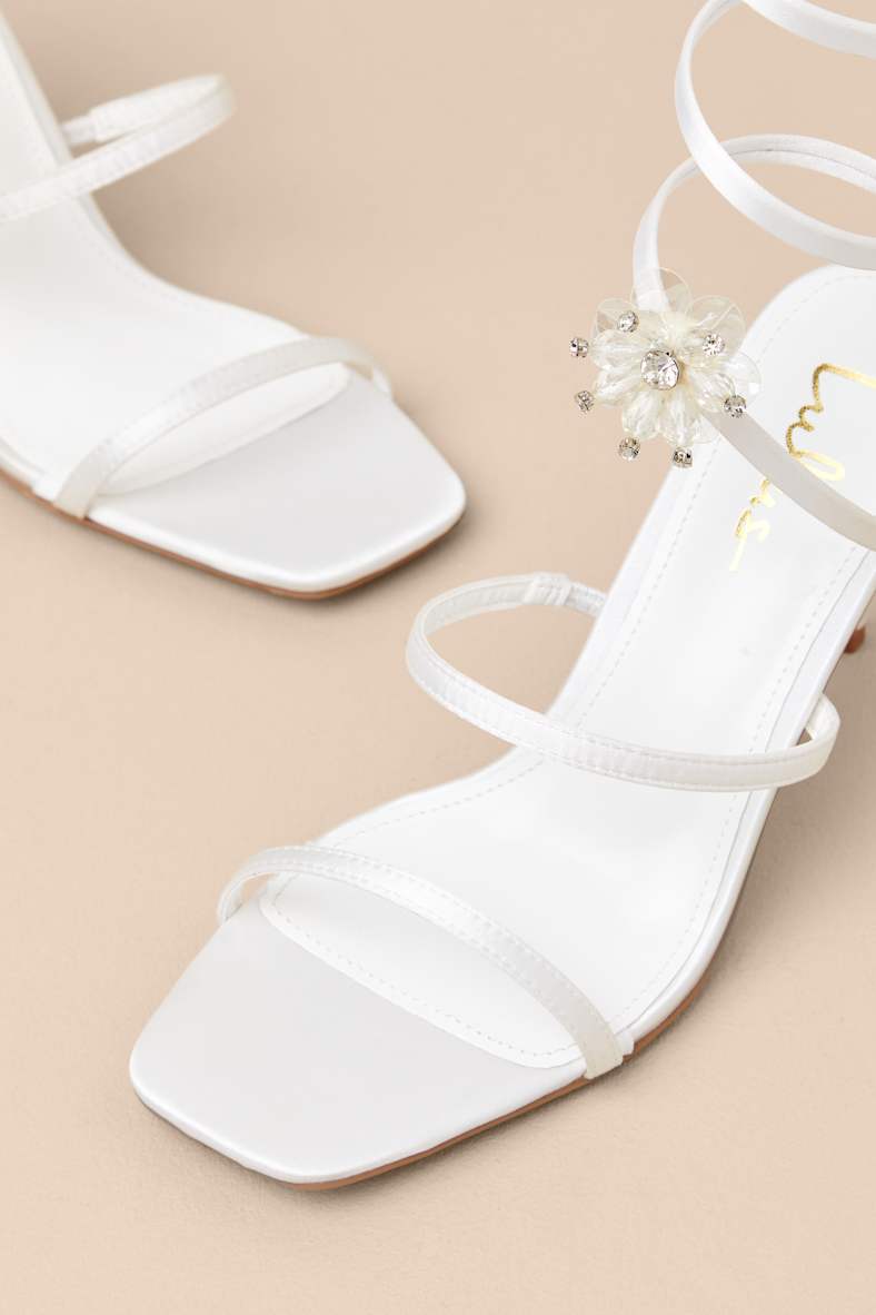 Esmarie White Satin Ankle Wrap High Heel Sandals