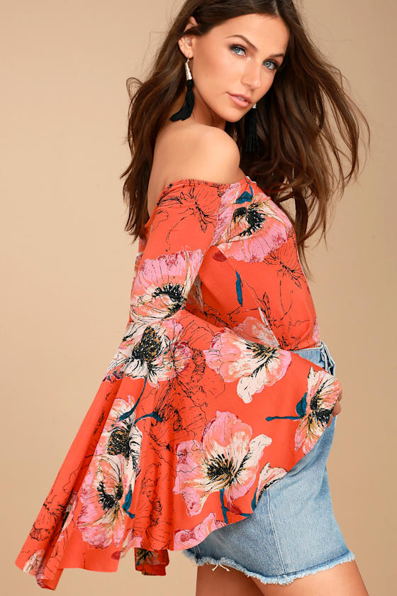 Free People Birds of Paradise Coral Orange Floral Print Top 1