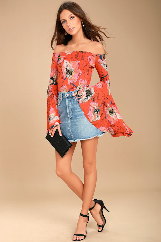 Free People Birds of Paradise Coral Orange Floral Print Top 2