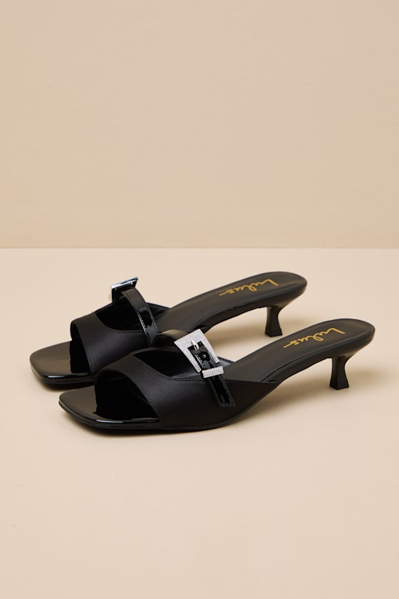 Lilu Black Satin Rhinestone Buckle Kitten Heel Sandals