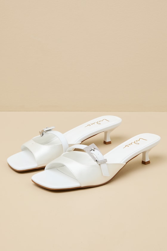 Lilu White Satin Rhinestone Buckle Kitten Heel Sandals 2
