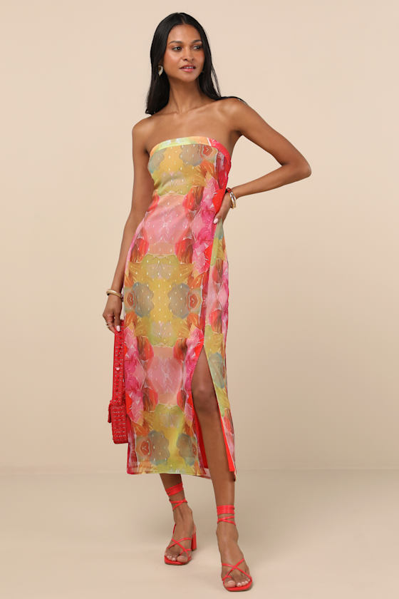 Lulus Bethany Pink Multi Clip Dot Strapless Cutout Midi Dress In Pink