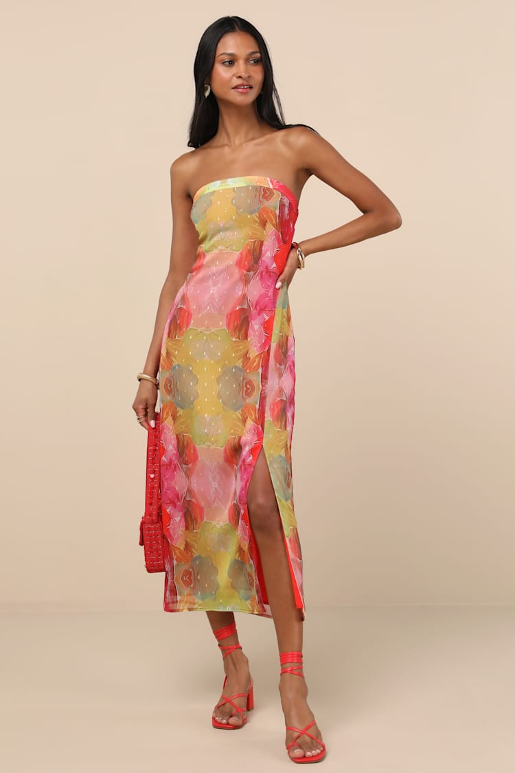 Bethany Pink Multi Clip Dot Strapless Cutout Midi Dress