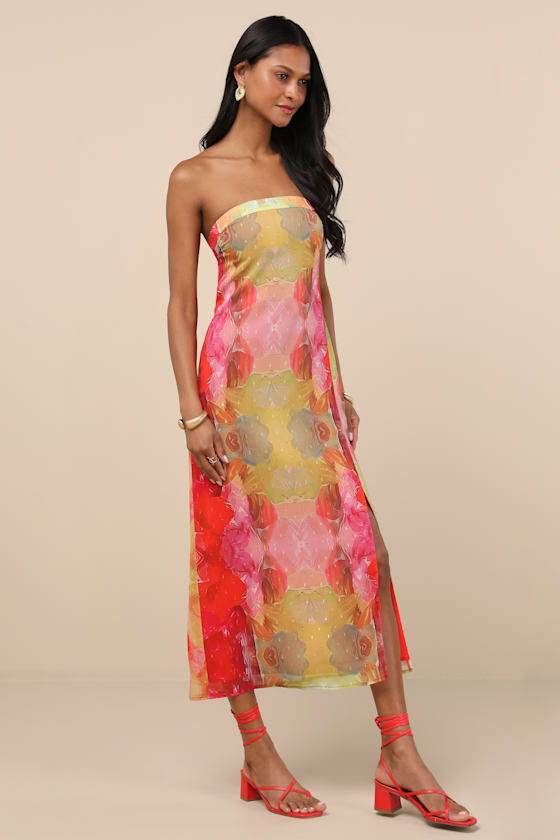 Lulus Bethany Pink Multi Clip Dot Strapless Cutout Midi Dress In Pink