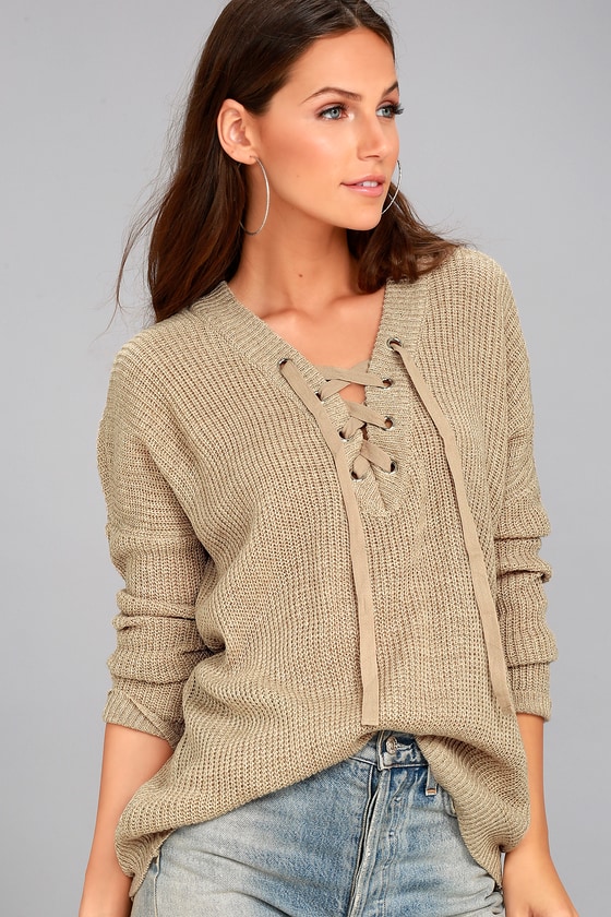 Jack by BB Dakota Willard Sweater - Beige Lace-Up Sweater - Lulus