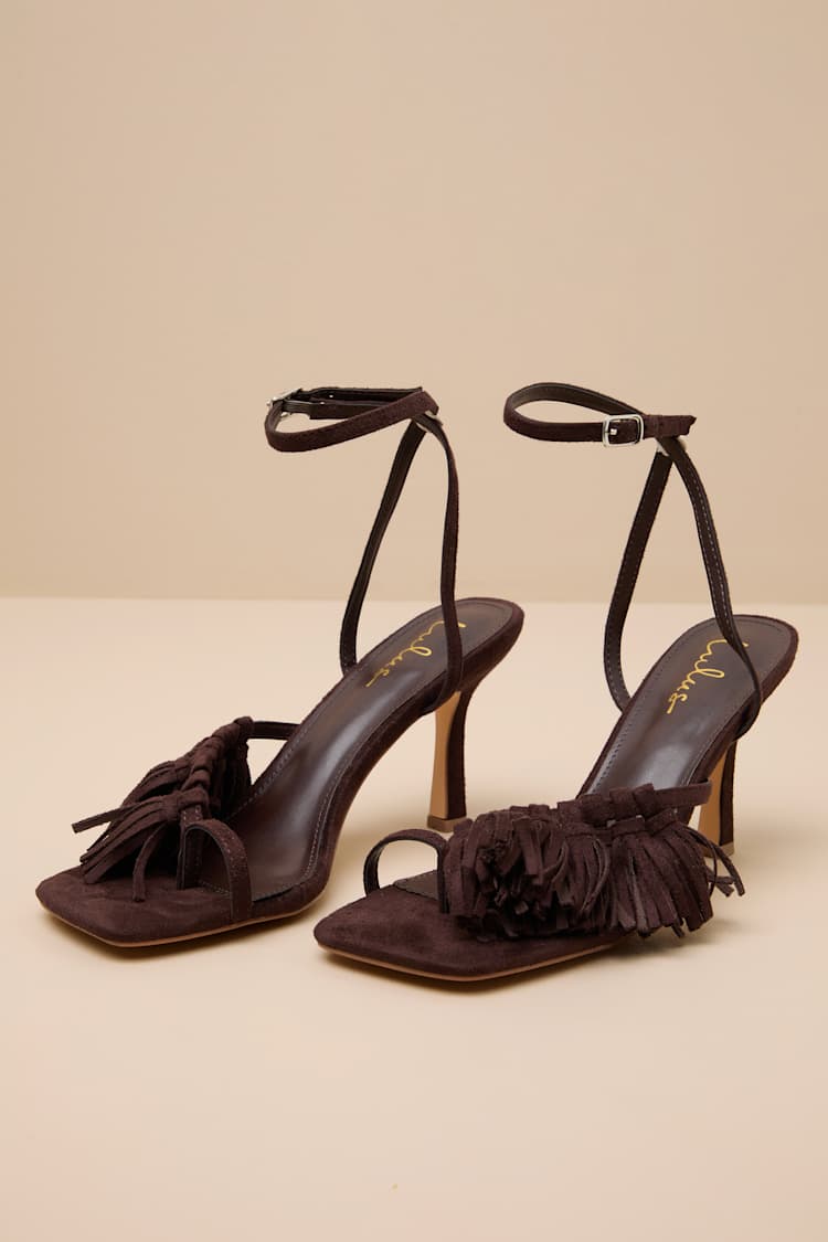Vika Brown Suede Fringe Ankle Strap High Heel Sandals