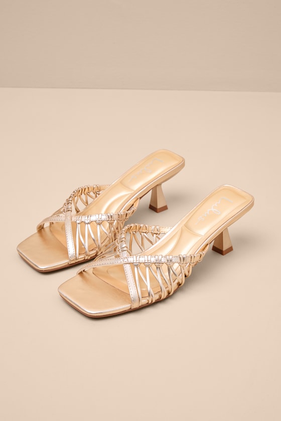 Jamen Gold Strappy Kitten Heel Slide Sandals 1