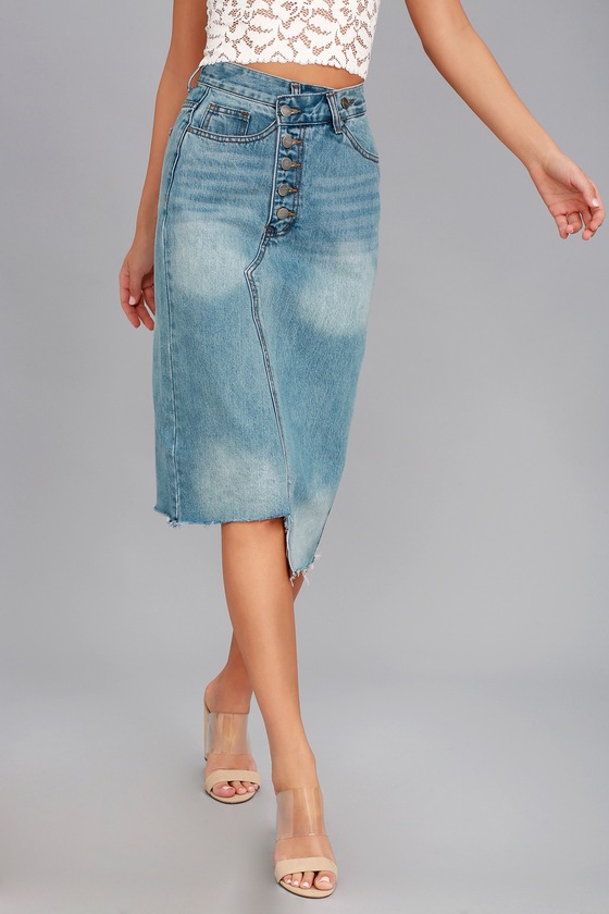 EVIDNT Darling Medium Wash Cutoff Denim Midi Skirt