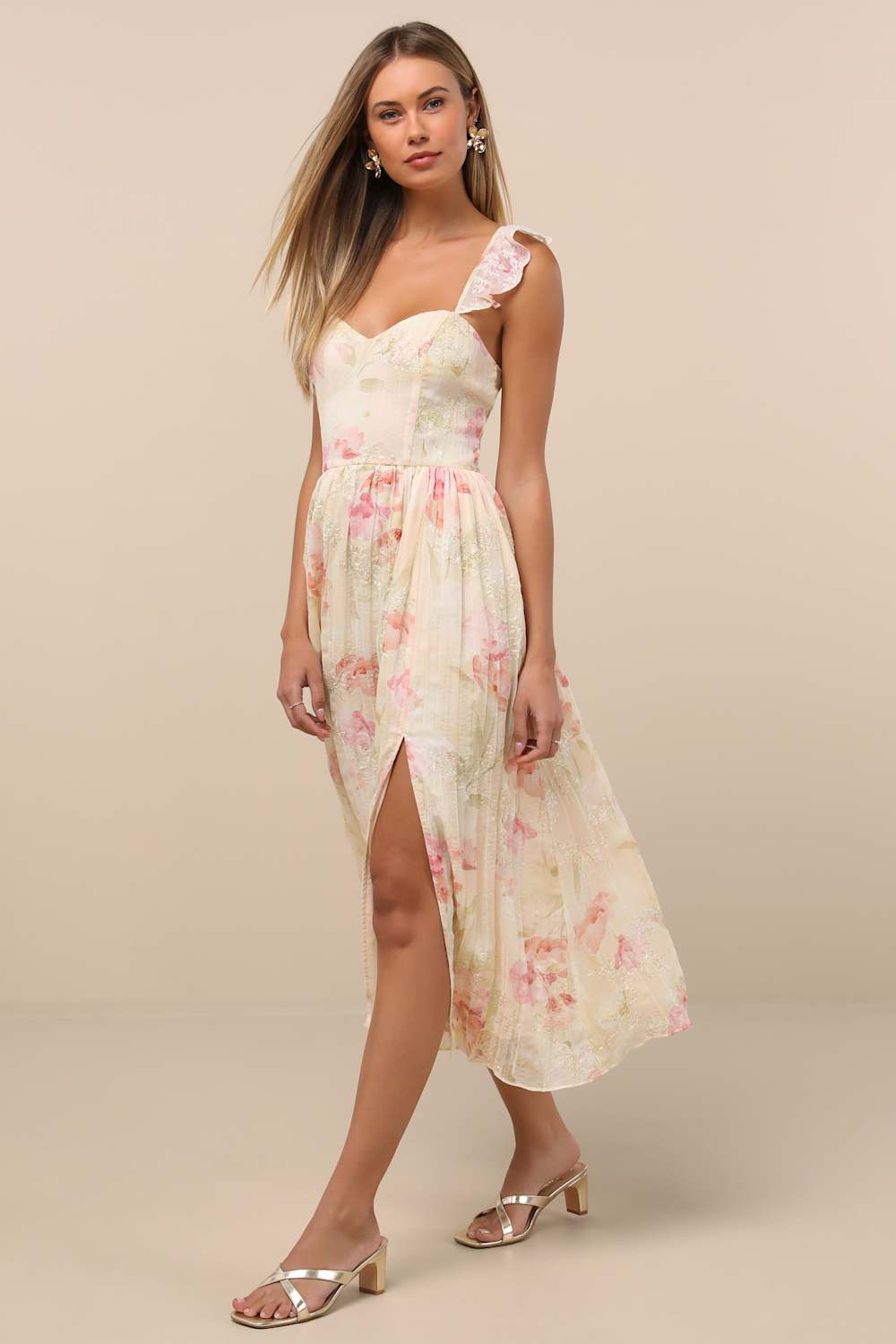 Miara Cream and Pink Floral Embroidered Ruffled Midi Dress