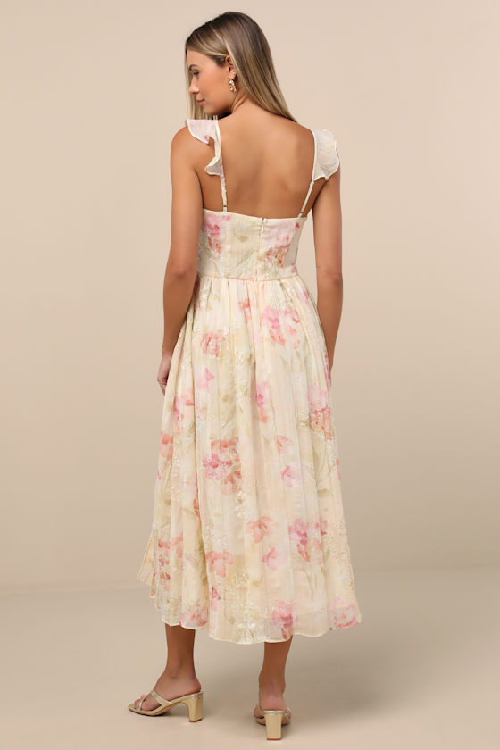Miara Cream and Pink Floral Embroidered Ruffled Midi Dress