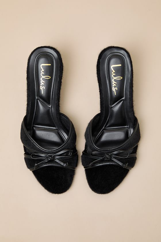 Ondine Black Faux Fur Low Heel Sandals 1