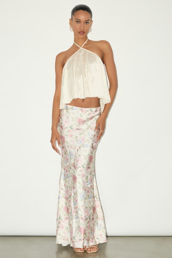 Damilla Ivory Floral Satin Maxi Skirt 1