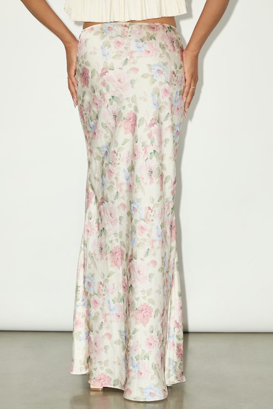 Damilla Ivory Floral Satin Maxi Skirt