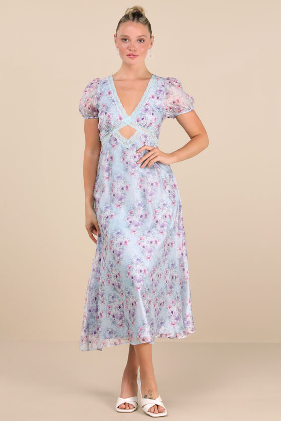 Darcy Light Blue Floral Puff Sleeve Midi Dress 2