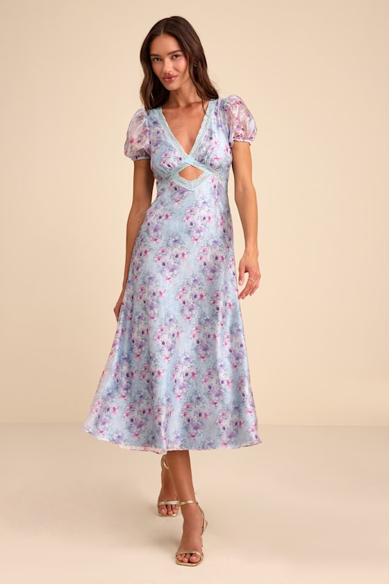 Darcy Light Blue Floral Puff Sleeve Midi Dress 2