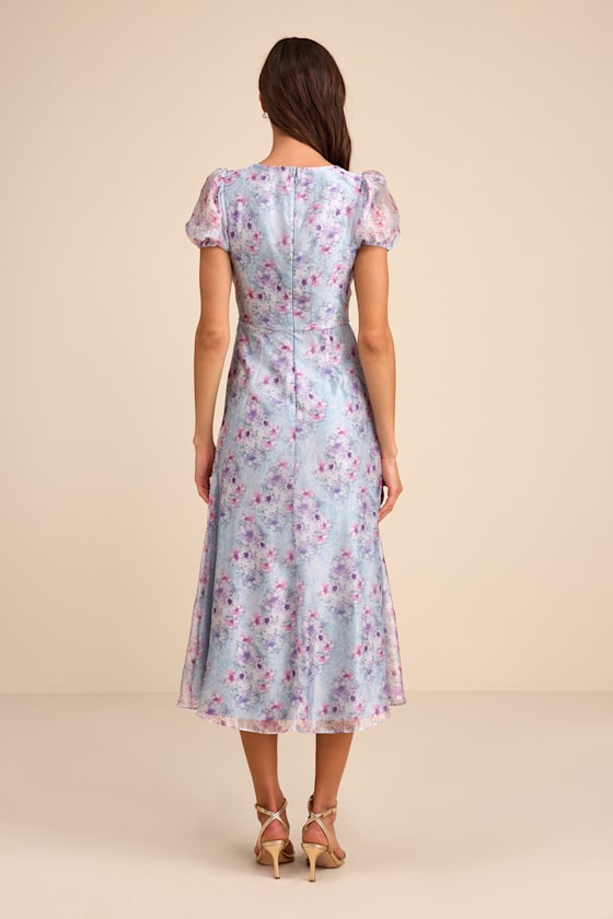 Light Blue Floral Dress - Puff Sleeve Midi Dress - Lacy Dress - Image 4