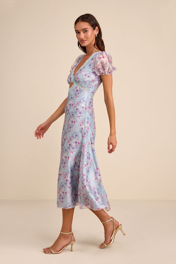 Light Blue Floral Dress - Puff Sleeve Midi Dress - Lacy Dress - Image 5