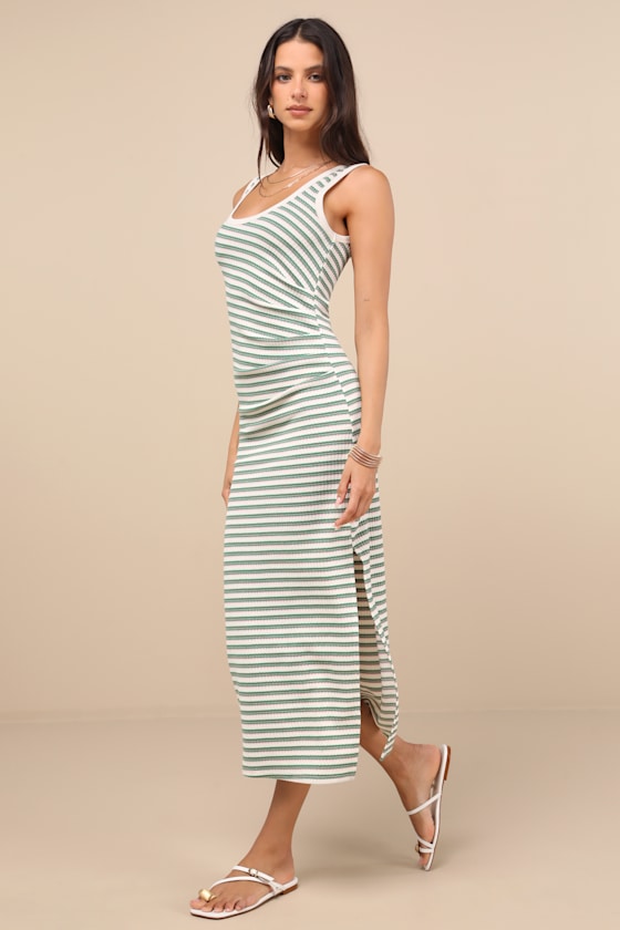 Edeva Green and Ivory Striped Knit Midi Dress