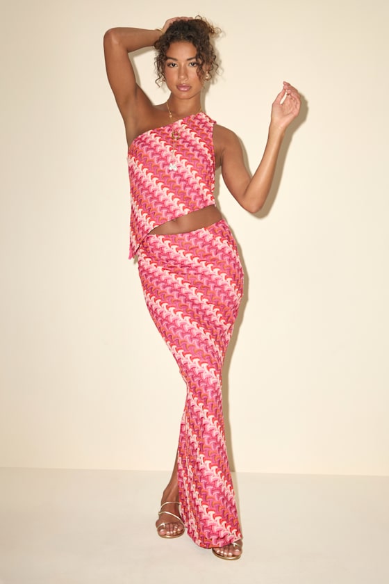 Fiala Pink Multi Crochet Chevron Mermaid Maxi Skirt 1