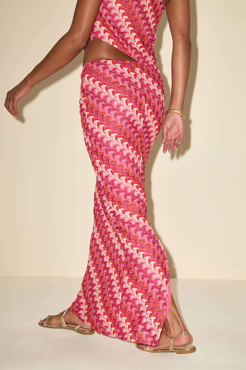 Fiala Pink Multi Crochet Chevron Mermaid Maxi Skirt