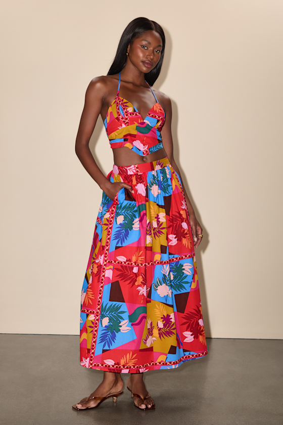 Image of Beatriz Red Multi Floral Print Midi Skirt