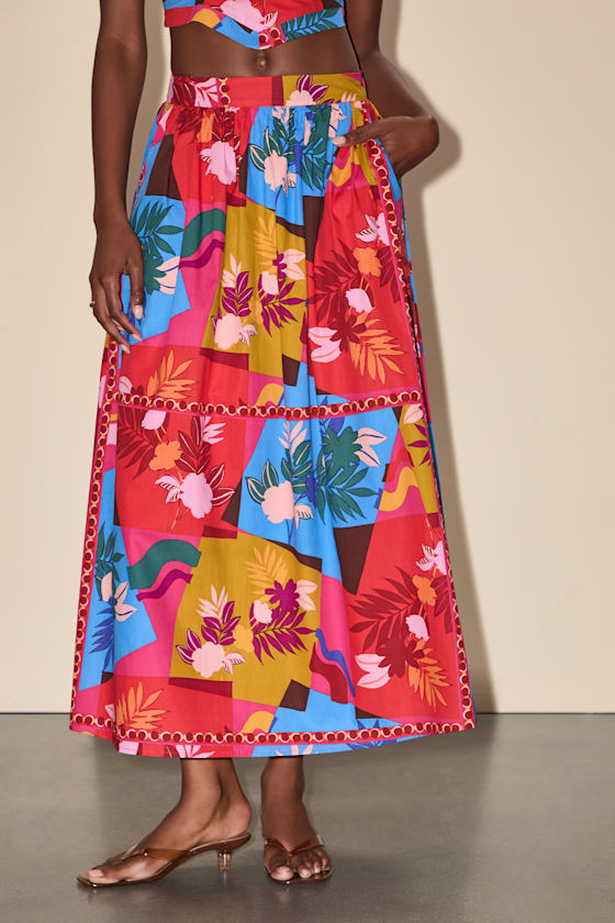 Beatriz Red Multi Floral Print Midi Skirt