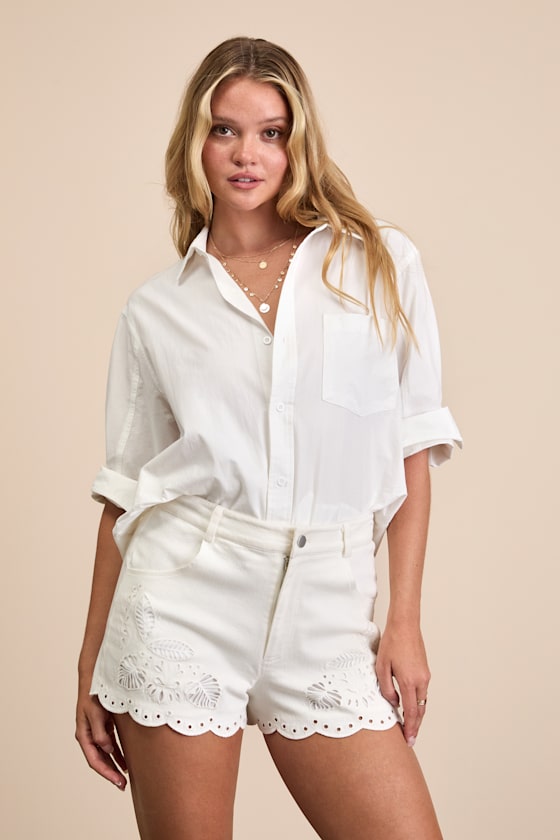 White Twill Shorts - High-Rise Scalloped Shorts - Eyelet Shorts