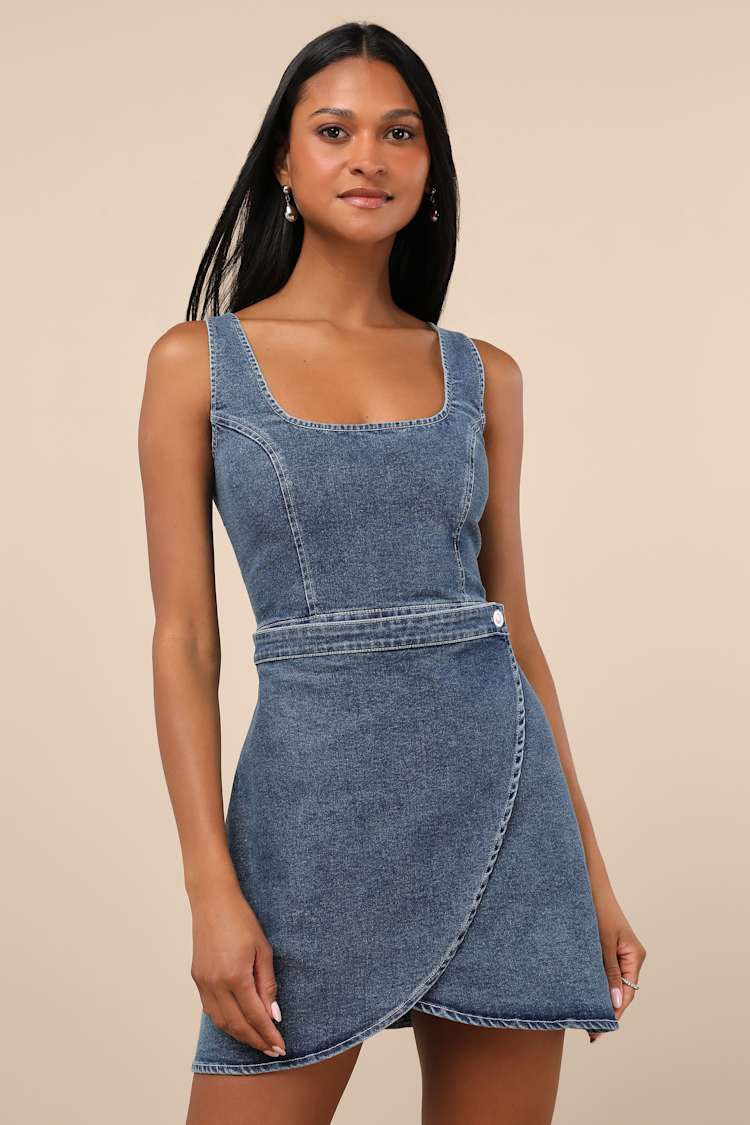 knee length dresses for ladies Vintage Distressed Banded Strapless Denim Bodycon Mini Dress main image 0