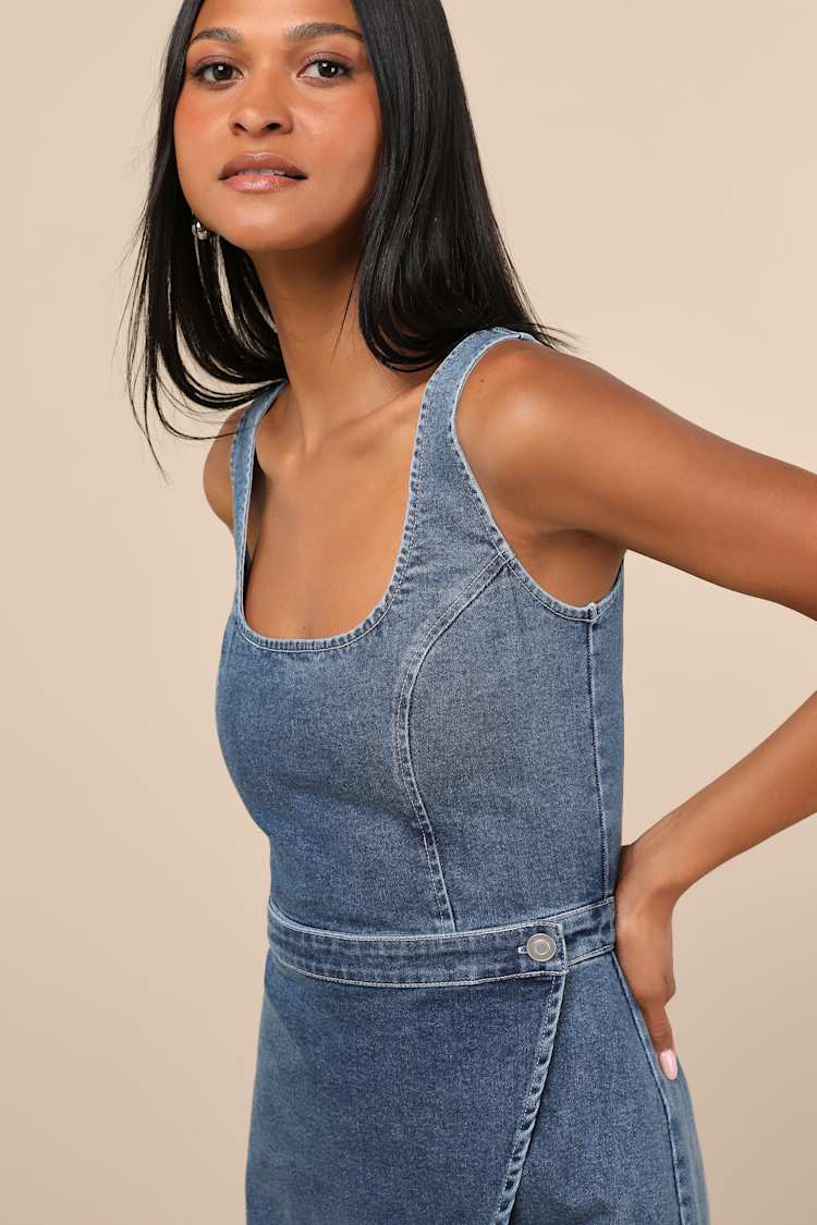 Merima Medium Wash Denim Wrap Mini Dress