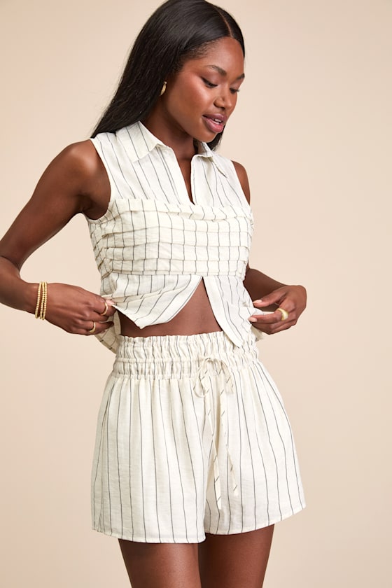 Light Beige Striped Shorts - High-Waisted Shorts - Linen Shorts