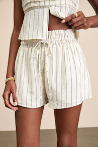 Clarette Light Beige Striped High-Waisted Shorts 2