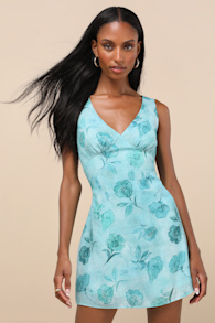 Jaziel Aqua Blue Floral Sleeveless Mini Dress 2