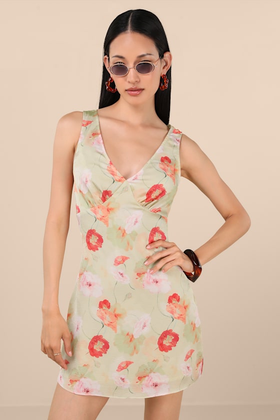 Light Green Floral Dress - Textured Dress - Sleeveless Mini