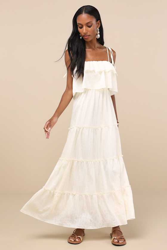 Image of Inaya Ivory Textured Tie-Strap Tiered Maxi Dress