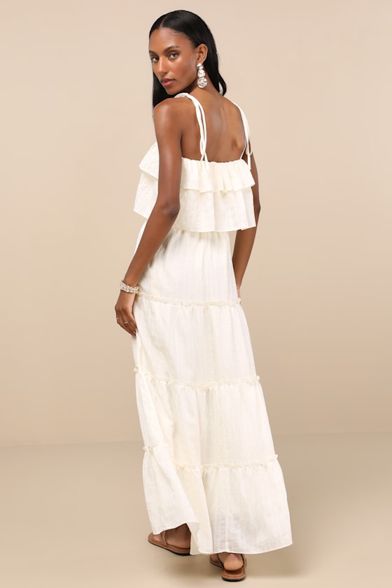 Inaya Ivory Textured Tie-Strap Tiered Maxi Dress 4