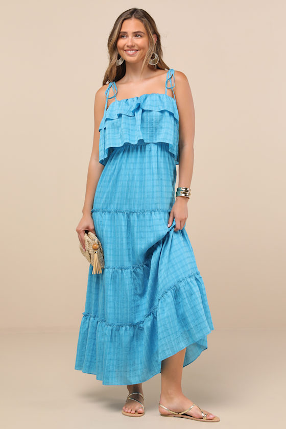 Inaya Aqua Blue Textured Tie-Strap Tiered Maxi Dress 3
