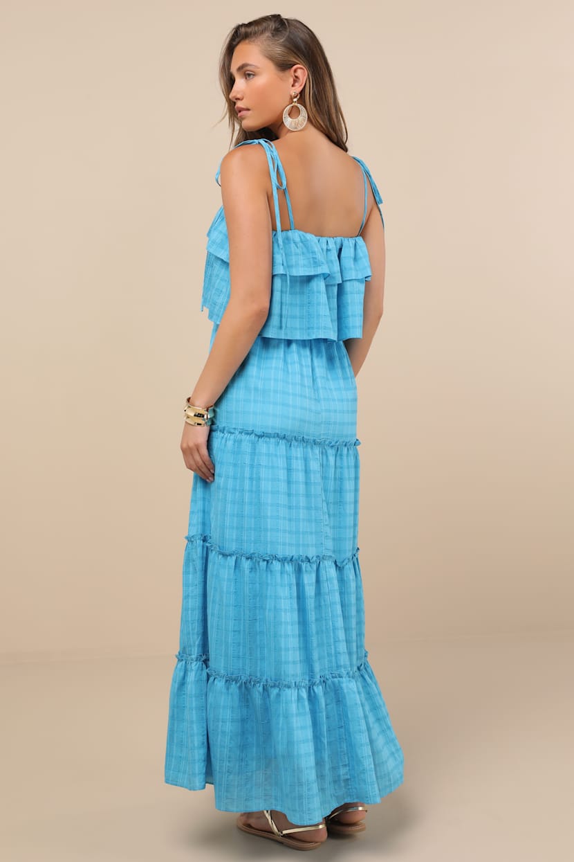 Aqua Blue Textured Dress - Tiered Maxi Dress - Tie-Strap Dress - Lulus
