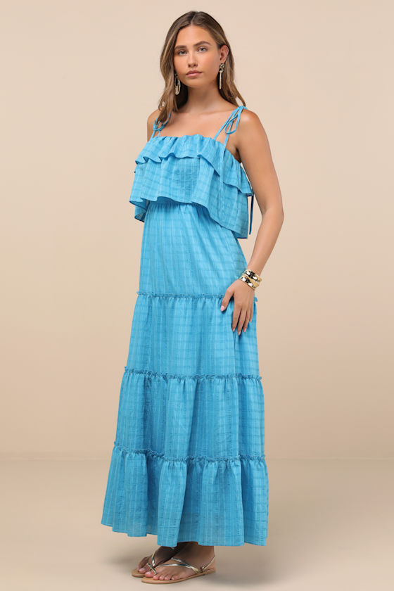 Aqua Blue Textured Dress - Tiered Maxi Dress - Tie-Strap Dress - Image 4