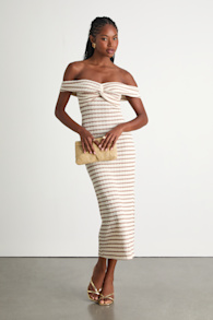 Baia Ivory and Taupe Striped Off-the-Shoulder Midi Dress 1
