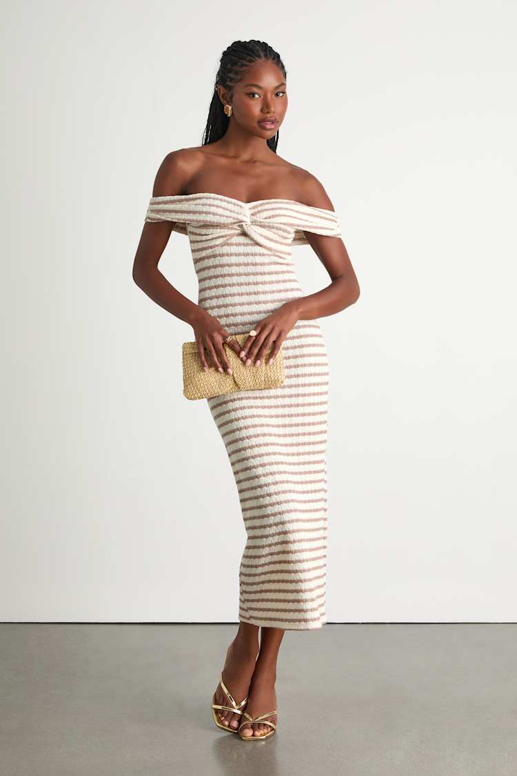Ivory and Taupe Striped Off-the-Shoulder Midi Dress | Womens | Large (Available in XL) | 100% Polyester | Lulus Ivory and Taupe Striped Off-the-Shoulder Midi Dress | Womens | Large (Available in XL) | 100% Polyester | Lulus