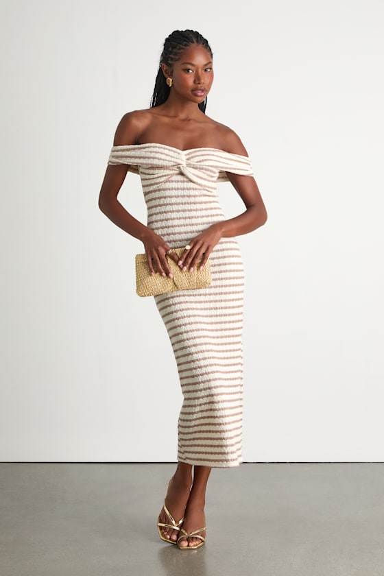 Baia Ivory and Taupe Striped Off-the-Shoulder Midi Dress 1