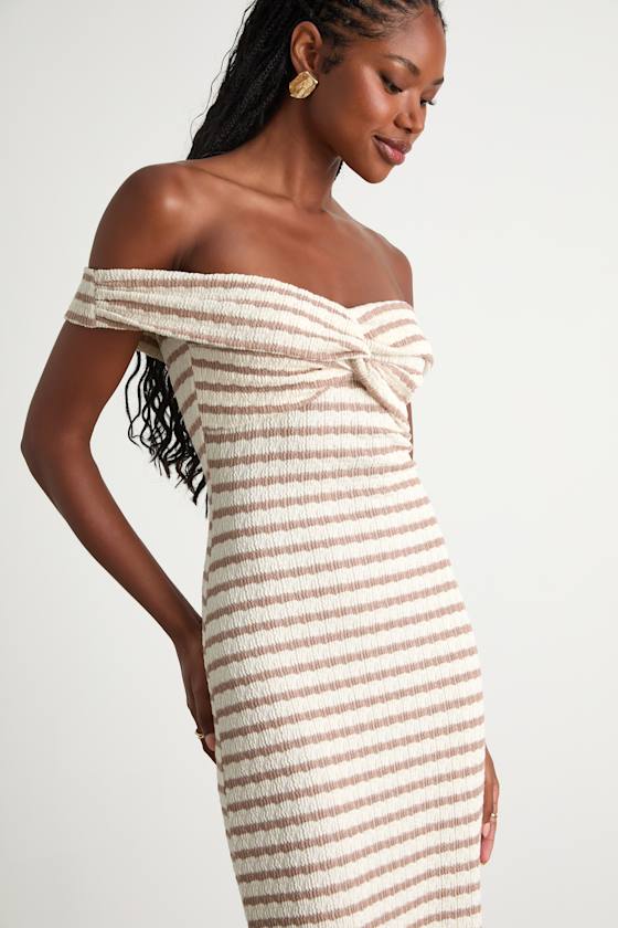 Baia Ivory and Taupe Striped Off-the-Shoulder Midi Dress 2