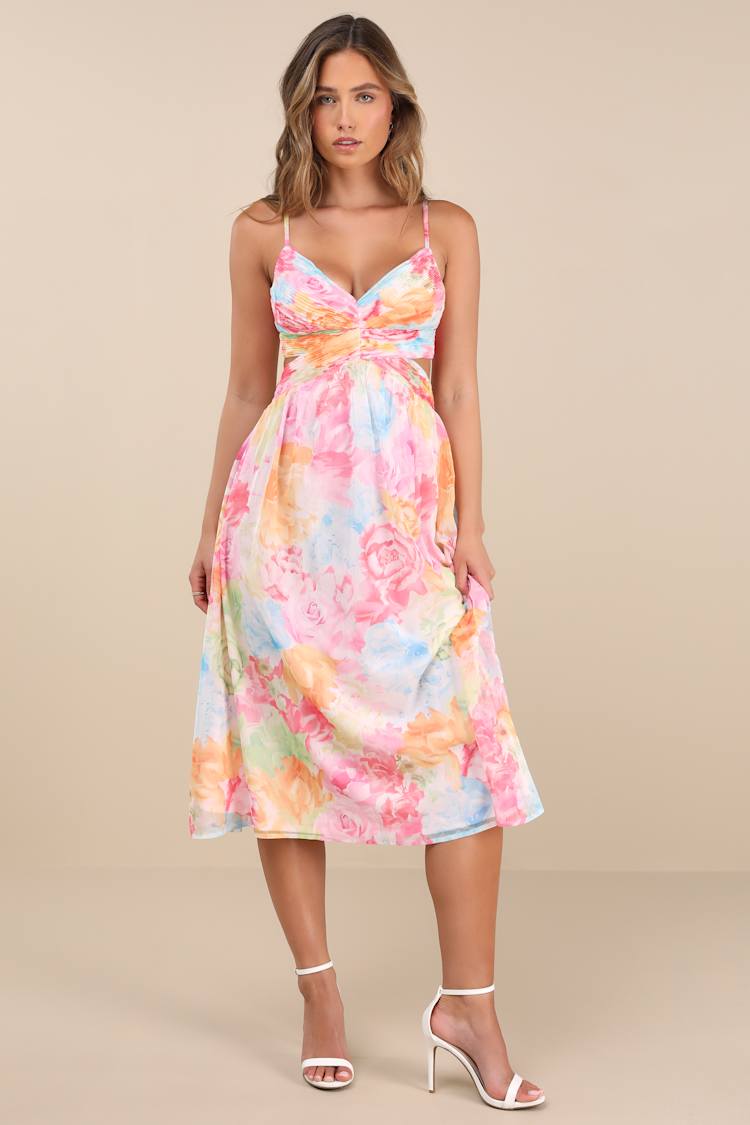 Ettalie Pink Multi Floral Lace-Up Midi Dress